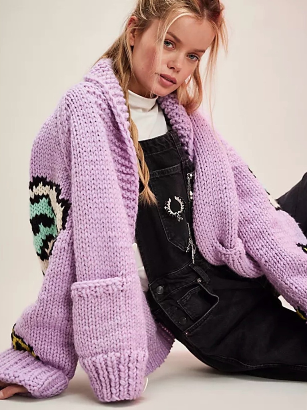 Anthropologie Lavender Chunky Knit Cardigan with Multicolor Sleeve Motifs